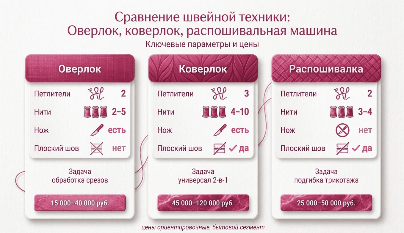 сравнительная инфографика трёх машин — оверлок, коверлок, распошивалка: петлители, нити, наличие ножа, плоский шов и цена